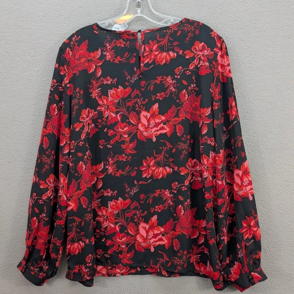Carmen Marc Valvo Floral Long Sleeve Top Women's XL Black Red Lace Whimsigoth - Picture 6 of 12